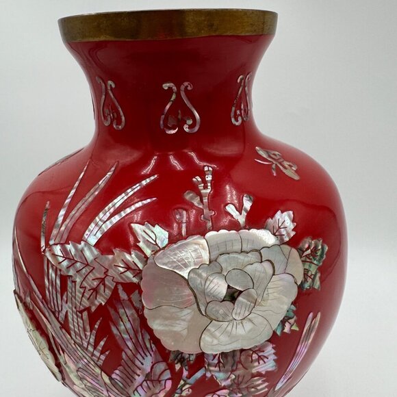 Vntg. Cloisonné Mother of Pearl inlay Red Enamel on Brass VASE 11” tall Large si - Picture 3 of 14